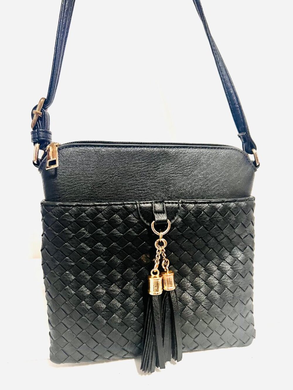 Crossbody Black/Gold Classy Tassels/Purse-Adjustable Strap-Phone Pocket front